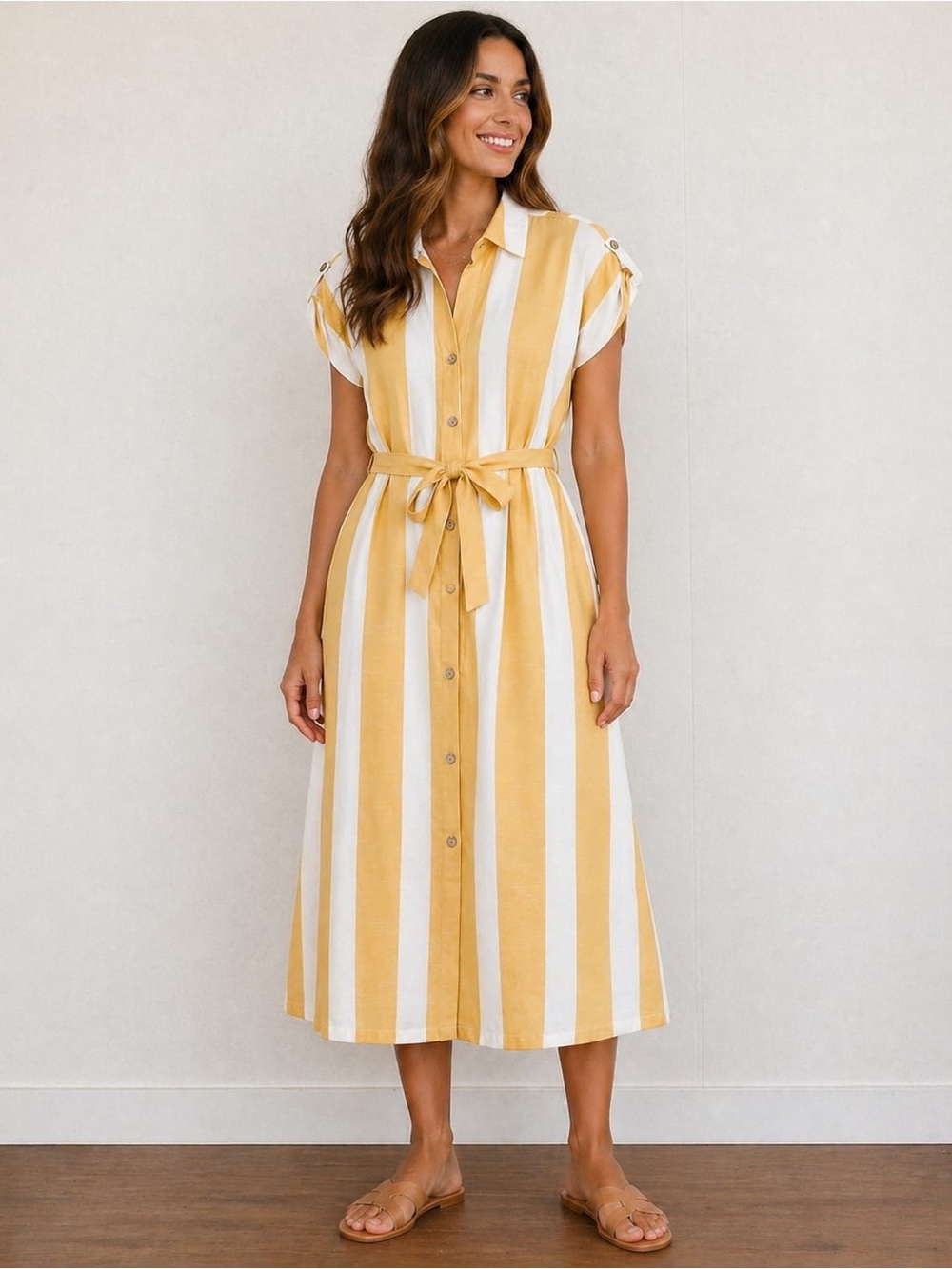 Mlle Gabrielle Yellow & White Striped Midi Shirt Dress